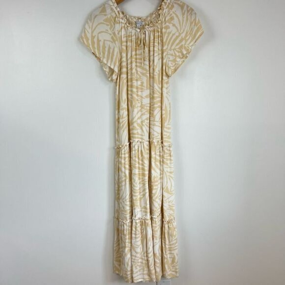 Patrons Of Peace Dress Size M Maxi Ruffle Tier Tie Neck Off Shoulder Tan White - Picture 2 of 13